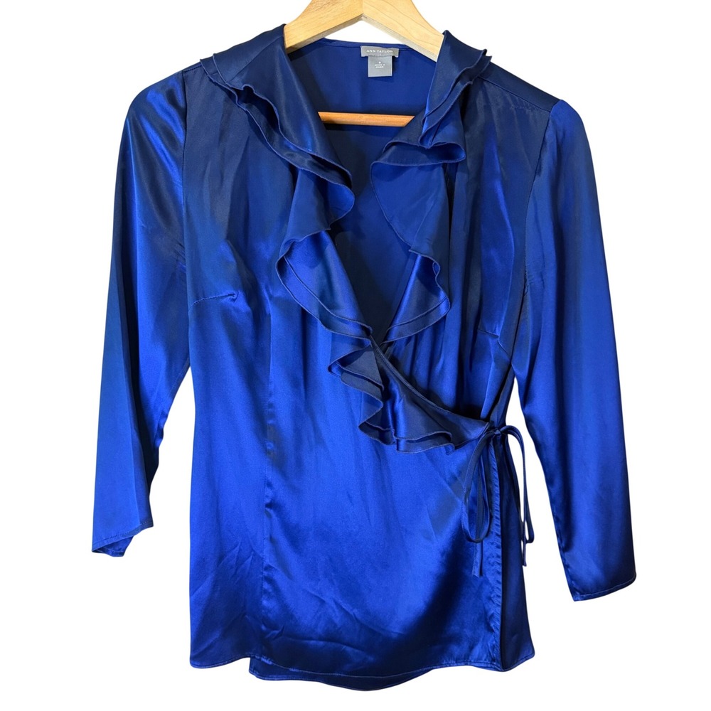 Ann Taylor Blue Ruffle Wrap Blouse Silk Blend Long Sleeve Top Size 8